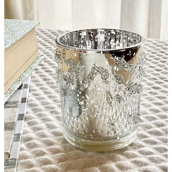 New Glam Luxe Shimmer Arctic Ice Silver Mercury Glass Light Up Flameless Candle - Picture 9 of 10